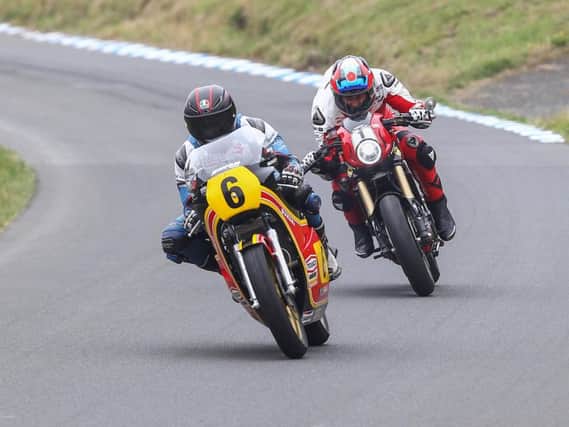 James Whitham in front and Carl Foggarty behind during the parade. PIC: Edward J Hall/ Oliver's Mount Racing