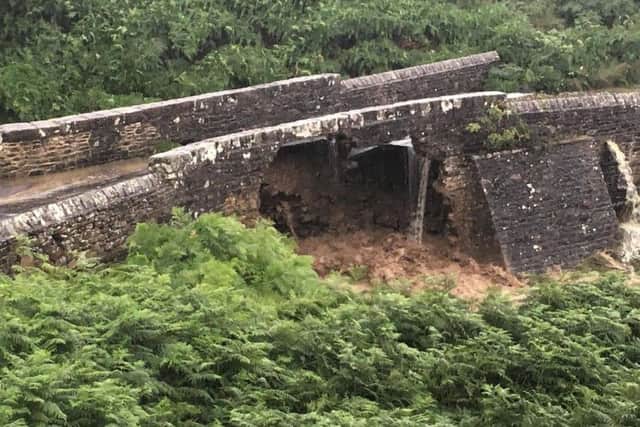 The Grinton Moor Bridge was damaged by flash flooding yesterday evening. Photo provided by Swaledale Mountain Rescue team