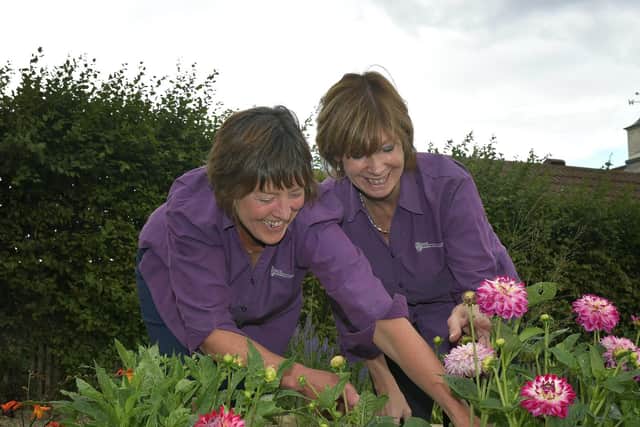 Library staff Carole Mills and Lynn Johnson enjoy the garden area.