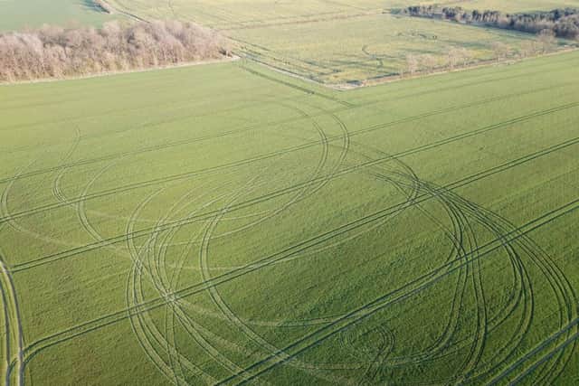 Aerial photograph of damge caused to crops in the Richmondshire area in April 2019 by a vehicle driven by suspected poachers. Picture supplied by North Yorkshire Police.