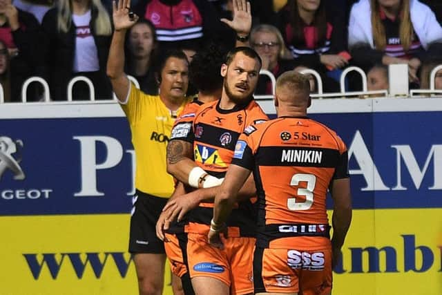 Cheyse Blair celebrates scoring the opening try for Cas.