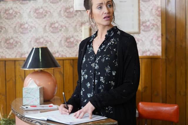 Catherine Tyldesley as Karen. PIC: BBC/Kieron McCarron