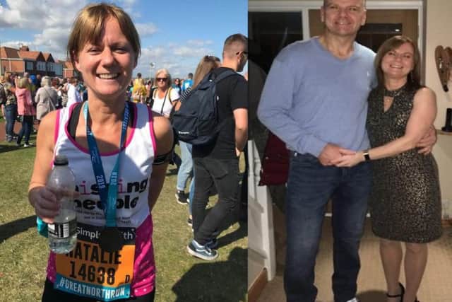 Left: Natalie after completing the Great North Run. Right: Pictured with her husband Peter Brown