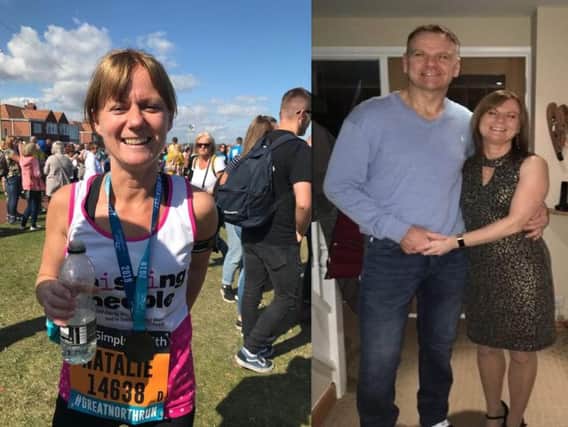 Left: Natalie after completing the Great North Run. Right: Pictured with her husband Peter Brown