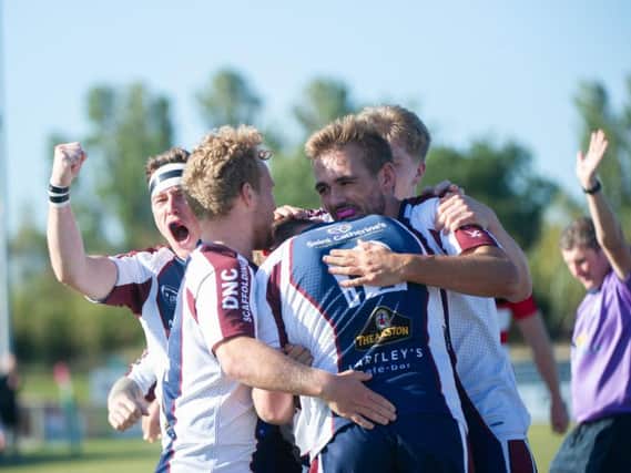 Scarborough RUFC celebrate a try during their home win against Percy Park. Picture by Andy Standing.