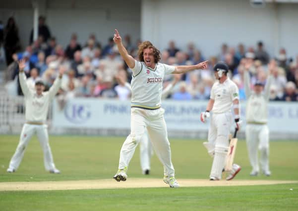 Ryan Sidebottom gets the wicket of Paul Collingwood at Scarborough last month  Picture by Gerard Binks