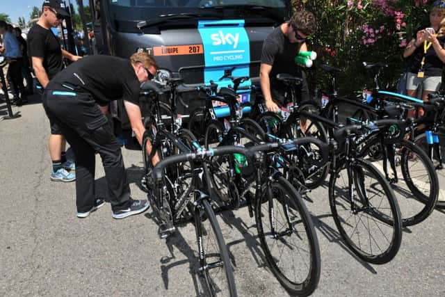 Team Sky prepare bikes at the start of Stage 6 of the 2013 Tour de France from Aix en Provence to Montpellier. 4 July 2013. (Picture: Bruce Rollinson).
