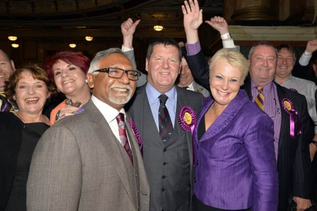 Leeds Town Hall was the centre of attraction last night (SUNDAY) as the count and declarations took place for the recent European elections held across the county. New UKIP MEPs pictured from left, Amjad Bashir, Mike Hookem and Jane Collins are cheered by their supporters.picture mike cowling may 25 2014