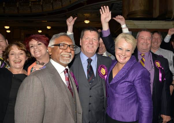 Leeds Town Hall was the centre of attraction last night (SUNDAY) as the count and declarations took place for the recent European elections held across the county. New UKIP MEPs pictured from left, Amjad Bashir, Mike Hookem and Jane Collins are cheered by their supporters.picture mike cowling may 25 2014