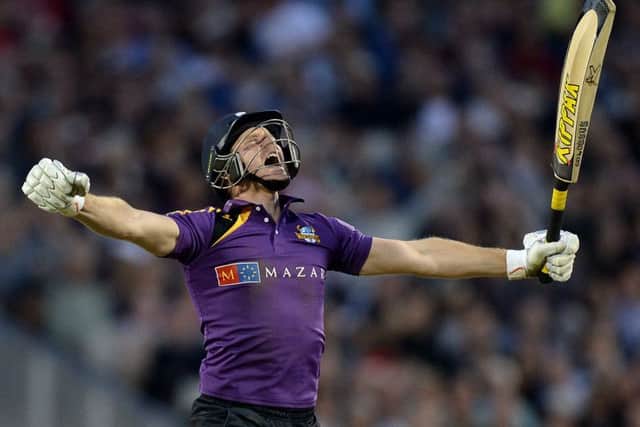 Yorkshire Vikings Richard Pyrah celebrates hitting the winning runs against Lancashire Lightning, during the NatWest T20 Blast match at Emirates Old Trafford, Manchester. PRESS ASSOCIATION Photo. Picture date: Friday June 6, 2014. See PA story CRICKET Lancashire. Photo credit should read: Martin Rickett/PA Wire.