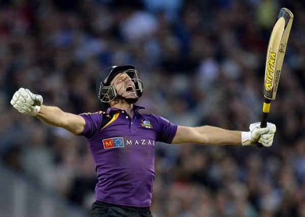 Yorkshire Vikings Richard Pyrah celebrates hitting the winning runs against Lancashire Lightning, during the NatWest T20 Blast match at Emirates Old Trafford, Manchester. PRESS ASSOCIATION Photo. Picture date: Friday June 6, 2014. See PA story CRICKET Lancashire. Photo credit should read: Martin Rickett/PA Wire.