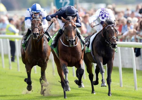 Declaration of War ridden by Joseph O'Brien (centre) beats Al Kazeem ridden by James Doyle (left) and Trading Leather ridden by Kevin Manning to win the Juddmonte International Stakes during day one of the 2013 Yorkshire Ebor Festival at York Racecourse, York. PRESS ASSOCIATION Photo. Picture date: Wednesday August 21, 2013. See PA story RACING York. Photo credit should read: John Giles/PA Wire