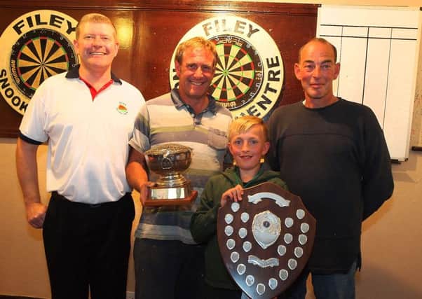 Landlord of Filey Snooker Centre Richard Casling, Filey Open Codling Championship winner with the W.Witty Challenge Bowl Andy Crowe (Scarborough with a catch of cod 29-0-0) Adam Hutchinson with the Ernest Blowman memorial shield after landing a winning catch of 3-4-7 . Match Sponsor Jamie Richardson