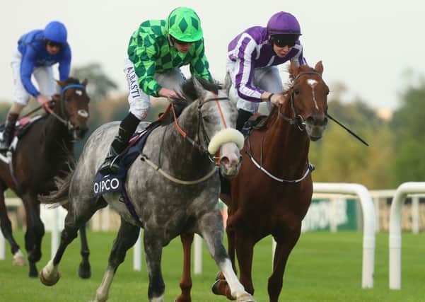 The Grey Gatsby ridden by Ryan Moore (centre) wins ahead of Australia, ridden by Joseph O'Brien (right) in The QIPCO Irish Champion Stakes during the Irish Champions Weekend at Leopardstown Racecourse, Dublin, Ireland. PRESS ASSOCIATION Photo. Picture date: Saturday September 13, 2014. See PA story RACING Leopardstown. Photo credit should read: Niall Carson/PA Wire
