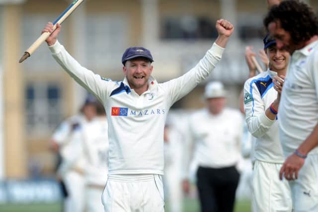 LV = County Championship Division One.
Nottinghamshire v Yorkshire.
Yorkshire's Adam Lyth celebrates after winning the championship.
12th September 2014. Picture Jonathan Gawthorpe.