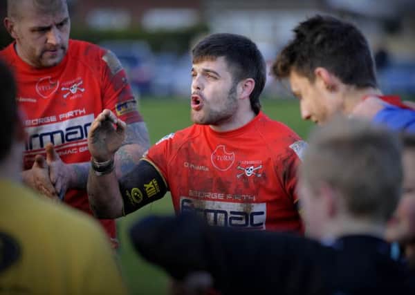 Half time team talk from Adam Lee, player/coach. Action from Scarborough Pirates RLFC decisive win over Lambeth Lions, at Eastway on Saturday. Photo by Andrew Higgins 130121v    05/01/2013