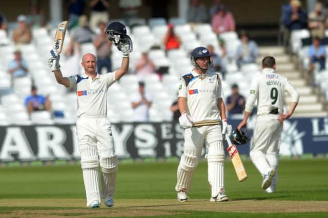 LV = County Championship Division One.
Nottinghamshire v Yorkshire.
Yorkshire's Adam Lyth celebrates his 100.
9th September 2014. Picture Jonathan Gawthorpe.