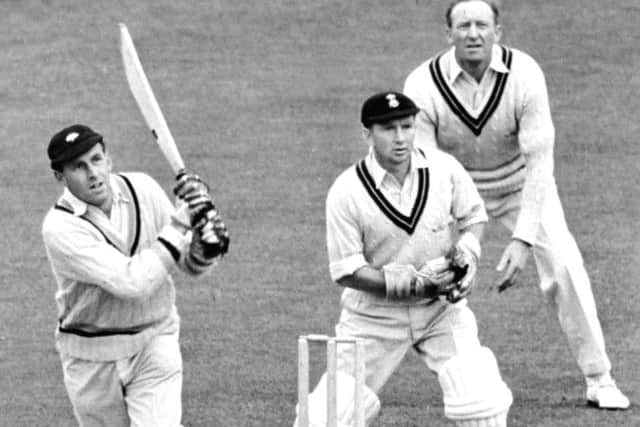 Drop Folder News / ATEX News. Pic Kevin Allen.Scarborough People..Ted Lester drives a boundary against Surrey at The Oval in July 1954.103937d