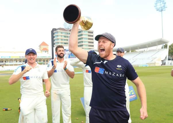 Captain Andrew Gale celebrates winning the Division One County Championship during day four of the LV= County Championship Division One match at Trent Bridge, Nottingham. SSOCIATION Photo. Picture date: Friday September 12, 2014. See PA story CRICKET Nottinghamshire. Photo credit should read: Mike Egerton/PA Wire