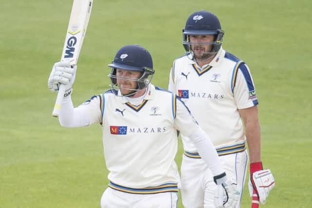 Yorkshire's Andrew Gale celebrates his 50 against Warwickshire.
