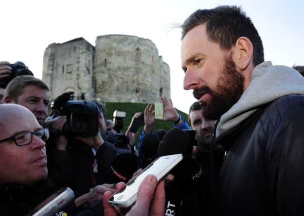 Sir Bradley Wiggins talks to the media at the Eve of Tour Celebration, Castle Museum, York, ahead of the Tour de Yorkshire (Picture: Bruce Rollinson).