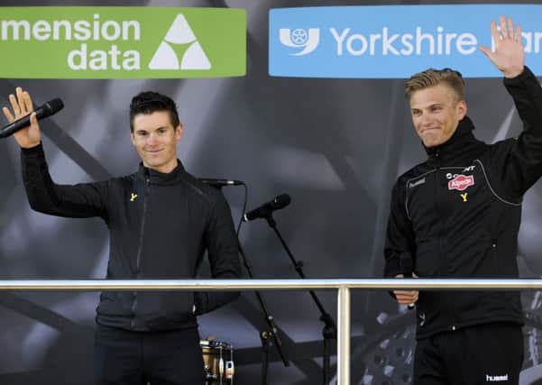 Ben Swift, Team Sky, and Marcel KIttel, Giant Alpecin, at the Eve of Tour Celebration, Castle Museum, York, for the Tour de Yorkshire.  30 April 2015.  Picture Bruce Rollinson