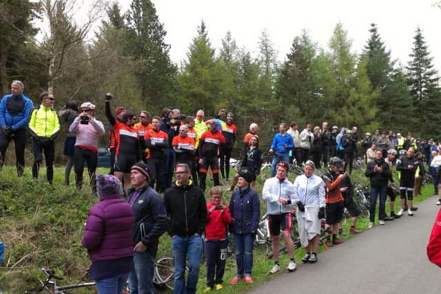 The crowd, including members of Knottingley Velo, wait for the riders at the top of Bickley Gate, Dalby Forest.