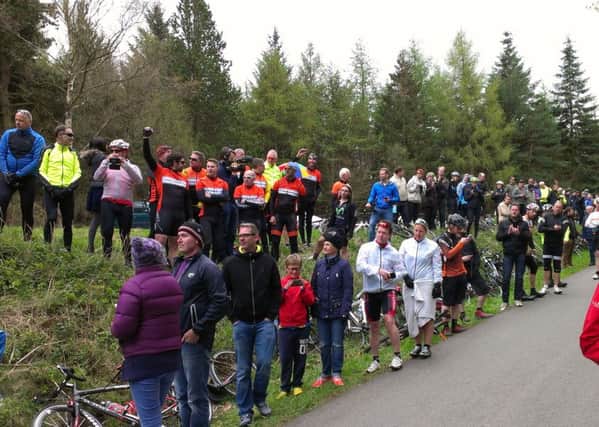 The crowd, including members of Knottingley Velo, wait for the riders at the top of Bickley Gate, Dalby Forest.