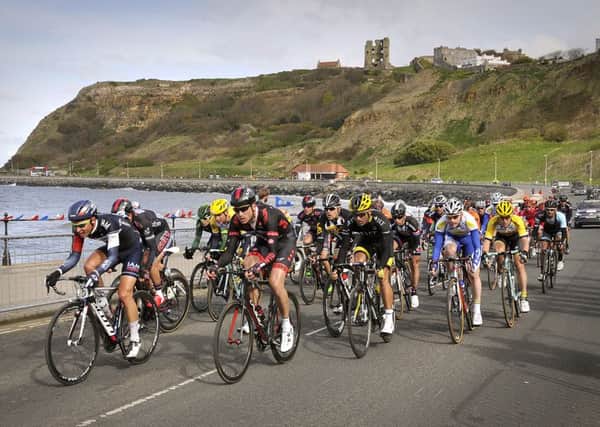 Tour de Yorkshire. The cyclists ride to the finish at Scarborough's North Bay. pic Richard Ponter 151726a