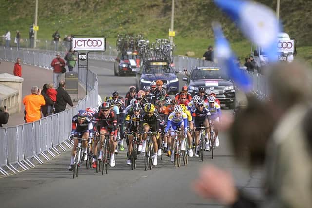 Tour de Yorkshire .The crowds near the finish line cheer on the riders at North Bay Scarborough . pic Richard Ponter 151726k