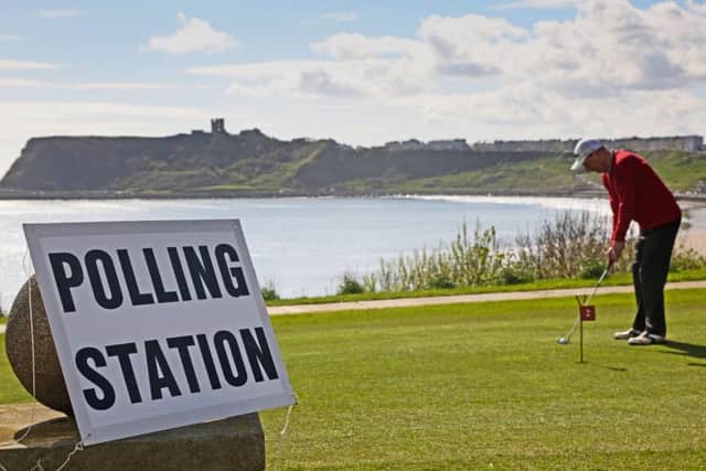 Is this Britain's most picturesque polling station? North Cliff Golf Club on Burniston Road in Scarborough overlooks the famous Scarborough castle and the North Bay providing a beautiful backdrop for golfers and voters who shared the club today