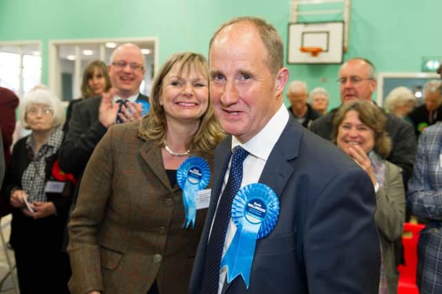 Kevin Hollinrake of the Conservative party is announced as the winner at the count for the Thirsk, Malton and Filey constituency.