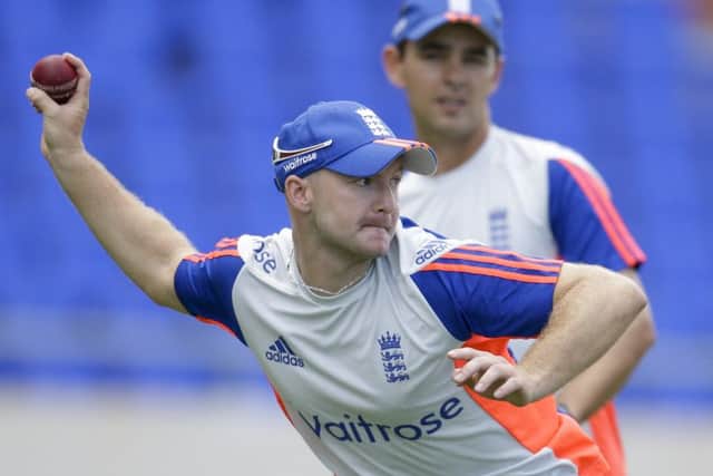 England's Adam Lyth throws during a fielding practice at the Sir Vivian Richards Cricket Ground in St. John's, Antigua and Barbuda, Sunday, April 12, 2015. England will play West Indies for three cricket Test matches starting April 13. (AP Photo/Ricardo Mazalan)