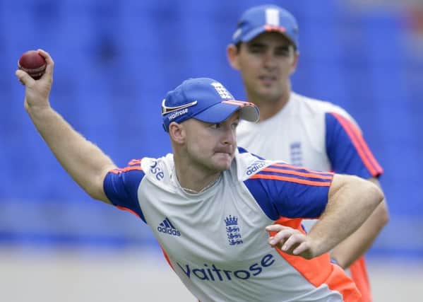 England's Adam Lyth  throws during a fielding practice at the Sir Vivian Richards Cricket Ground in St. John's, Antigua and Barbuda, Sunday, April 12, 2015. England will play West Indies for three cricket Test matches starting April 13.  (AP Photo/Ricardo Mazalan)