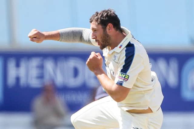 Yorkshires Tim Bresnan celebrates the wicket of Hampshires Sean Ervine as the champions bowled out the visitors at Headingley to secure a win by 305 runs (Picture:Alex Whitehead/SWpix.com).