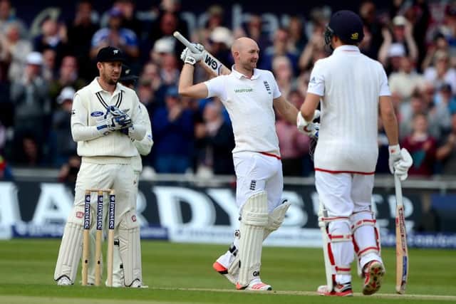 Adam Lyth celebrates his maiden Test century against New Zealand at Headingley. Picture: Dave Williams.