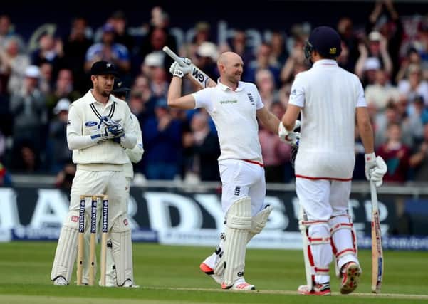 Adam Lyth celebrates his maiden Test century against New Zealand at Headingley. Picture: Dave Williams.
