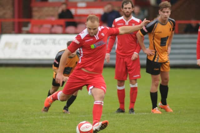 Jimmy Beadle with Boro's penalty v Ossett Albion