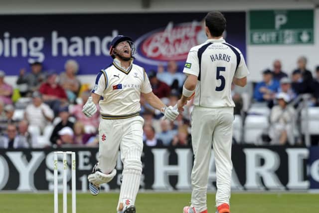 Jonny Bairstow celebrates his century off a James Harris delivery.  Picture: Bruce Rollinson