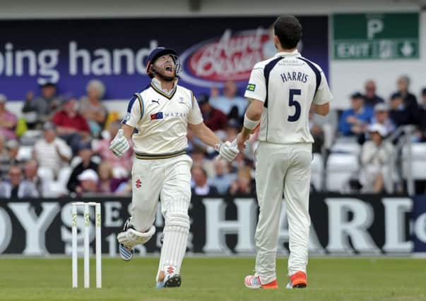 Jonny Bairstow celebrates his century off a James Harris delivery.  Picture: Bruce Rollinson