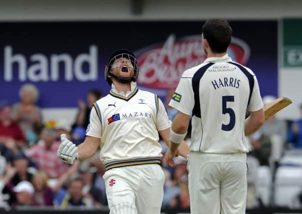 Jonny Bairstow celebrates his century with gusto.  Picture: Bruce Rollinson