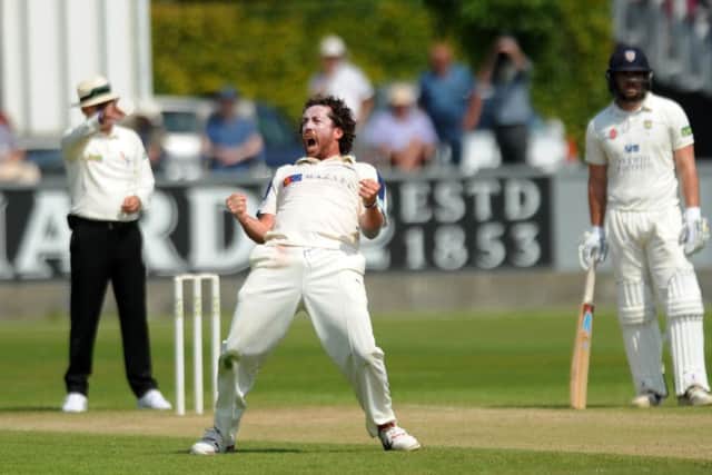 Yorkshire's Ryan Sidebottom celebrates taking the wicket of Durham's Mark Stoneman.
(Picture: Jonathan Gawthorpe).