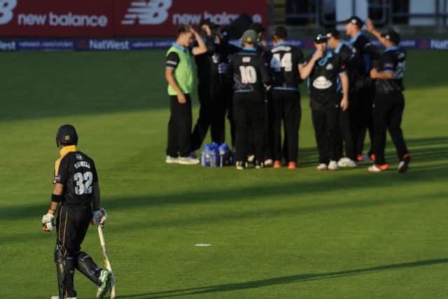 Glenn Maxwell walks after being caught for 0 by Tom Kohler-Cadmore bowled by Brett D'Oliveira.