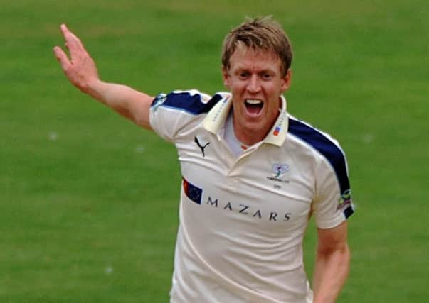 Yorkshire's Stephen Patterson celebrate taking a Worcestershire wicket yesterday (Picture: Dave Williams).