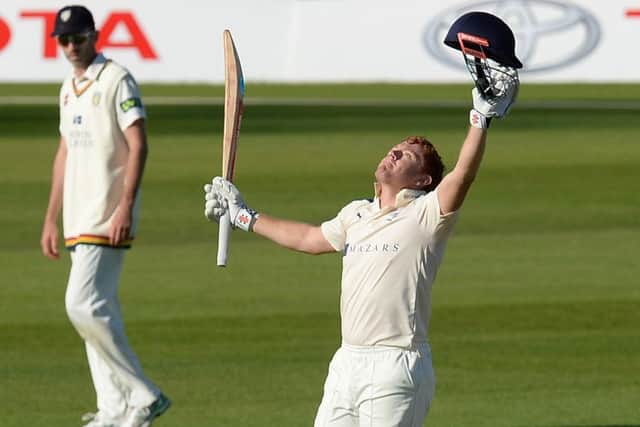 Yorkshires Jonny Bairstow, who has been called up by England, celebrates one of his five County Championship centuries this season, against Durham (Picture: Anna Gowthorpe/PA).