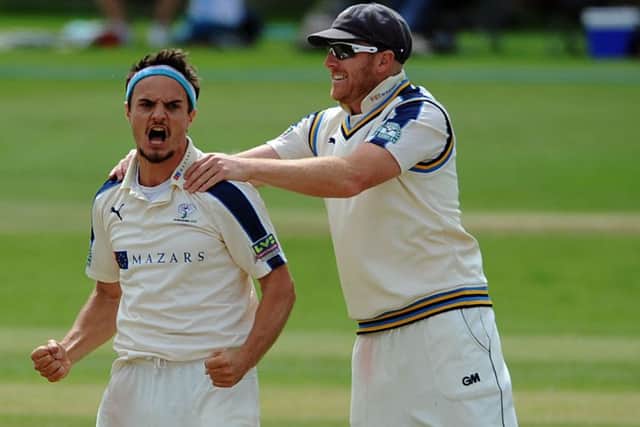 Yorkshires Jack Brooks, left, and Andrew Gale celebrate the wicket of Tom Fell, caught by England-bound Jonny Bairstow (Picture: Dave Williams/cricketphotos.co.uk).