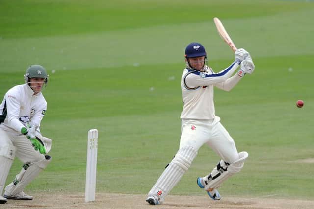 Yorkshire's Jonny Bairstow in full flow against Worcestershire at Scarborough today