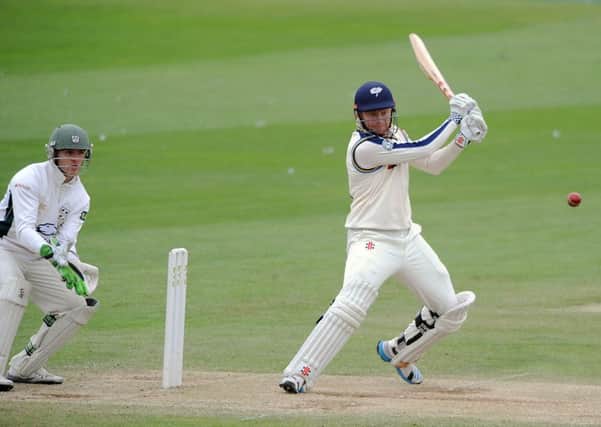 Yorkshire's Jonny Bairstow in full flow against Worcestershire at Scarborough today