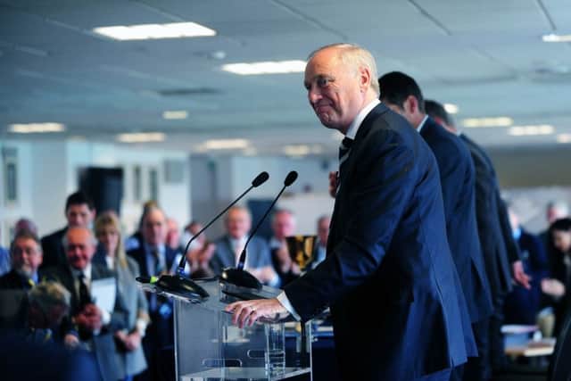 Colin Graves gives a speech, as he stands down as chairman of Yorkshire CCC, at the club's AGM.28th March 2015.Picture : Jonathan Gawthorpe