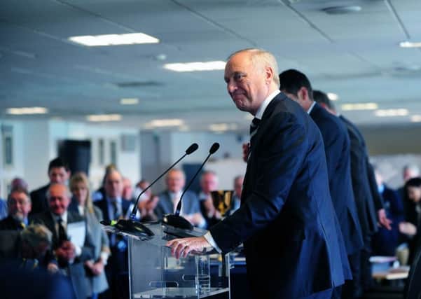Colin Graves gives a speech, as he stands down as chairman of Yorkshire CCC, at the club's AGM.
28th March 2015.
Picture : Jonathan Gawthorpe